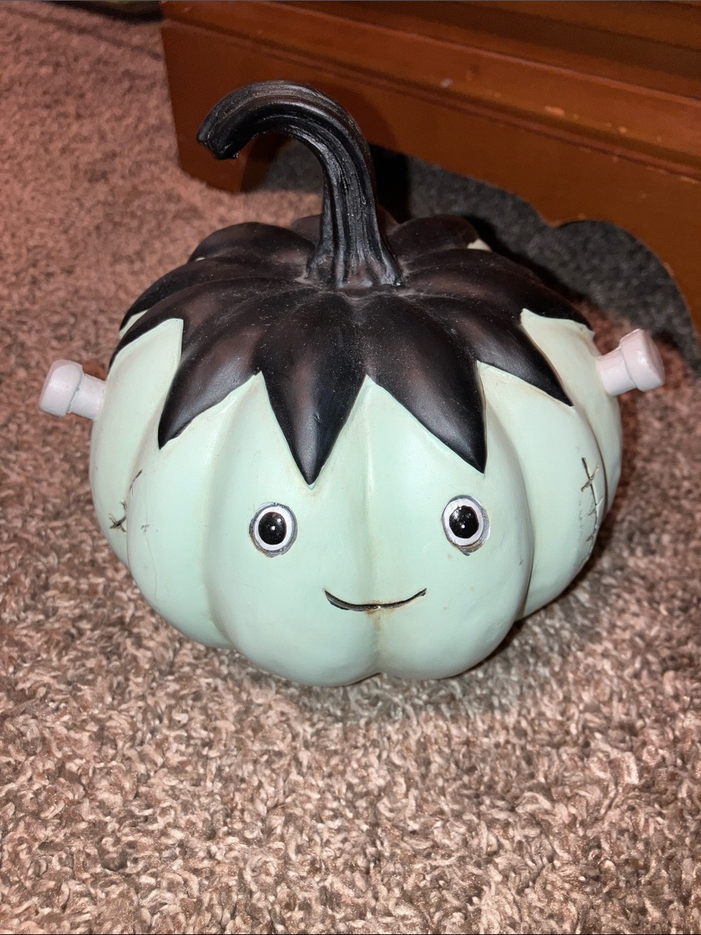 Mint Green Frankenstein Pumpkin Figurine with Black Top - Seasonal Home Decor